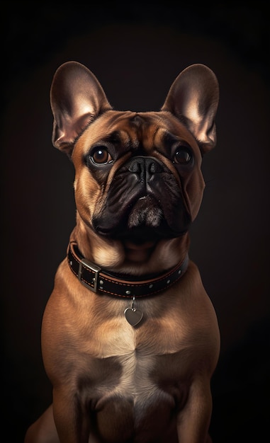 Een schilderij van een bruine hond met een leren halsband met een label met de tekst 'french bulldog'