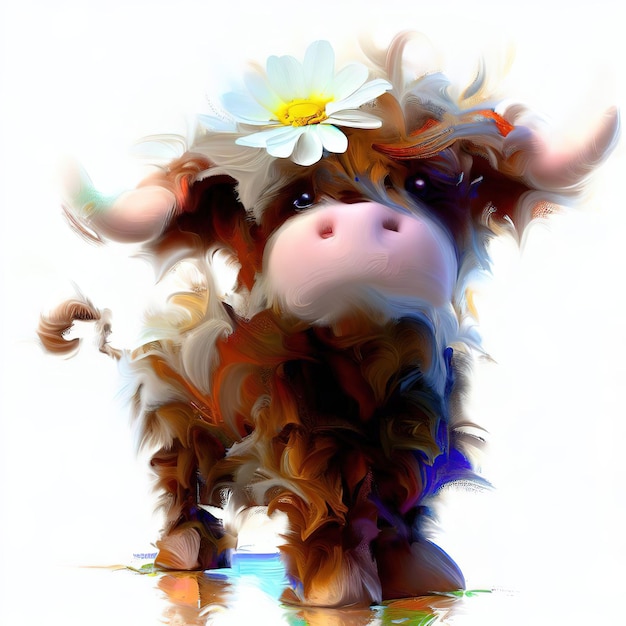 Een schilderij van een bruine koe met een witte bloem op de kop.