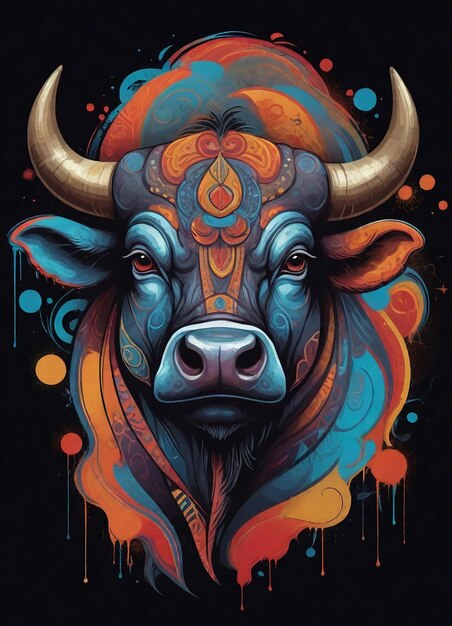 een schilderij van een buffel met een kleurrijke achtergrond en het woord "ox" erop