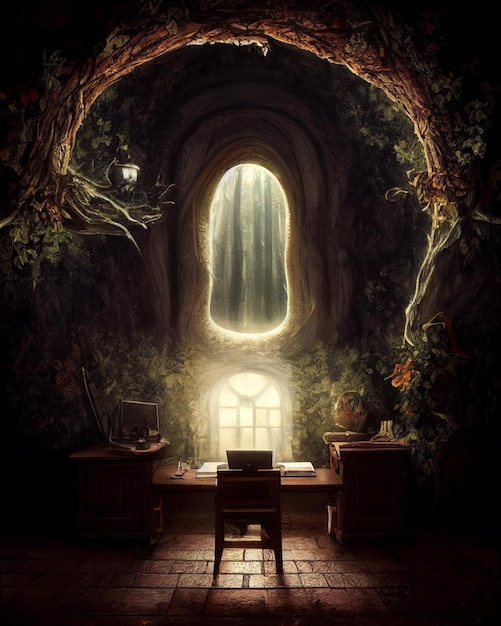 Een schilderij van een bureau met een raam waarop staat 'het licht is aan'. '