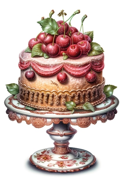 Een schilderij van een cake met kersen bovenop AI generatieve afbeelding Retro cake in Lambeth-stijl