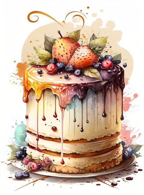 Een schilderij van een cake met kleurrijke druppels en bessen.