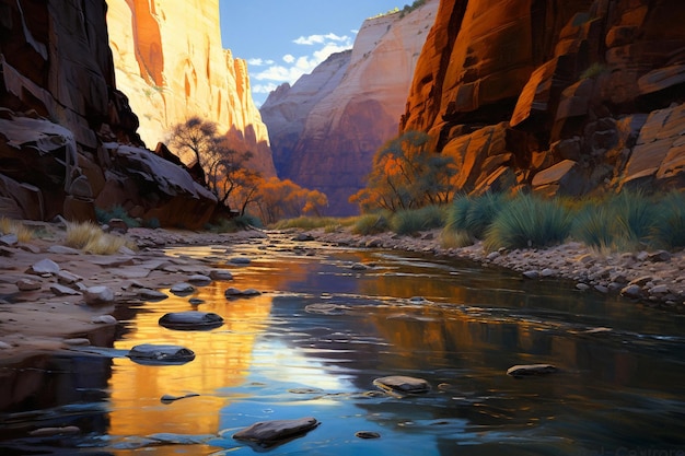 Een schilderij van een canyon met een rivier op de voorgrond.