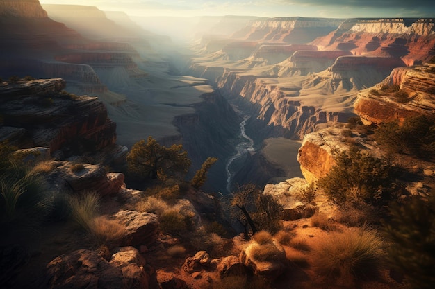 Een schilderij van een canyon met een zonsondergang op de achtergrond