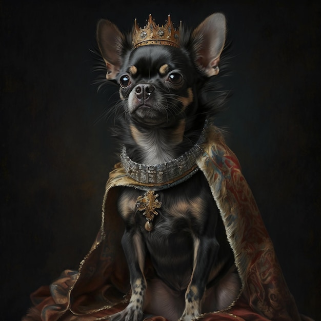 Een schilderij van een chihuahua zwart met bruine vlekken jurk.