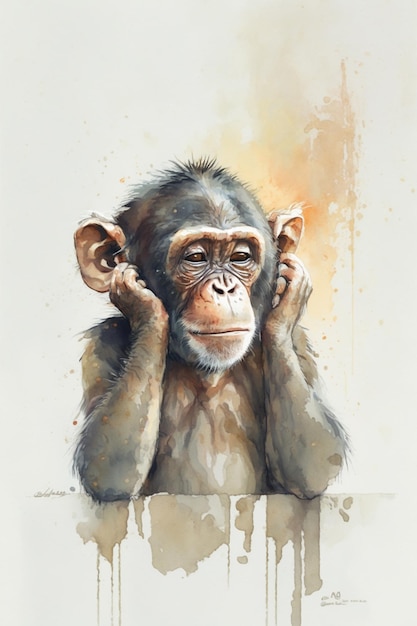 Een schilderij van een chimpansee met zijn handen op zijn oren.