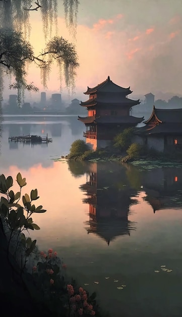 Een schilderij van een chinese tempel aan een meer met een boom op de achtergrond.