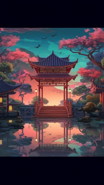 Een schilderij van een chinese tempel met een zonsondergang op de achtergrond.