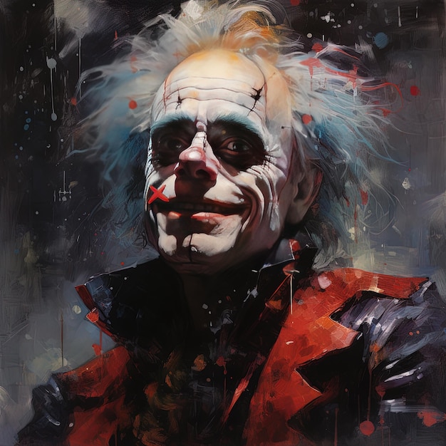 een schilderij van een clown met een rood en zwart pak erop