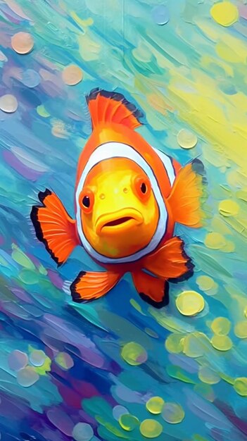 Een schilderij van een clownvis met het woord nemo erop.