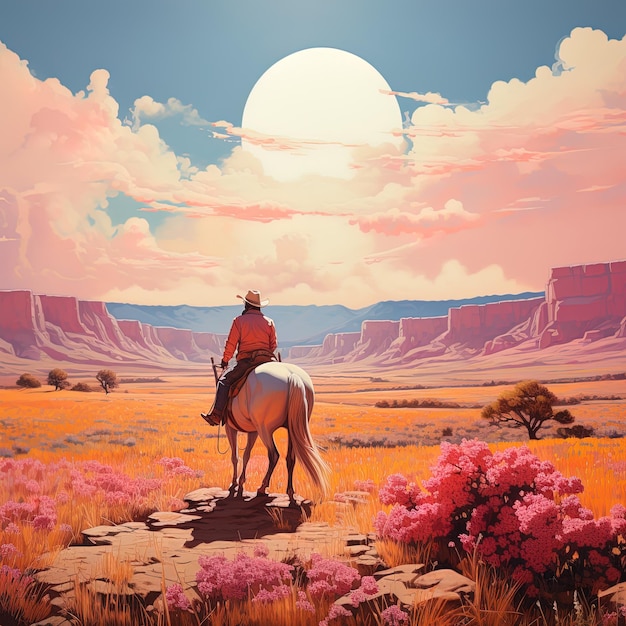 een schilderij van een cowboy op een paard in een woestijn