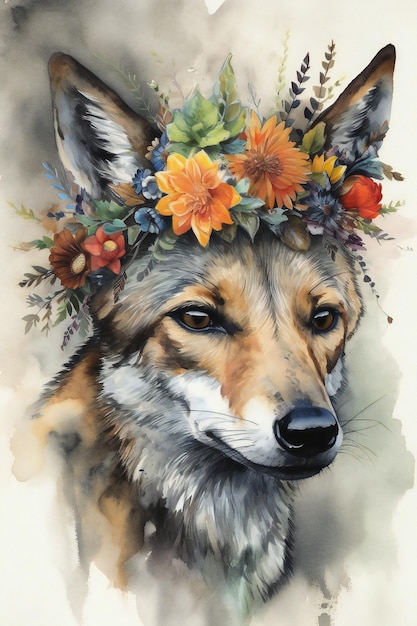 Een schilderij van een coyote met een bloemenkroon.