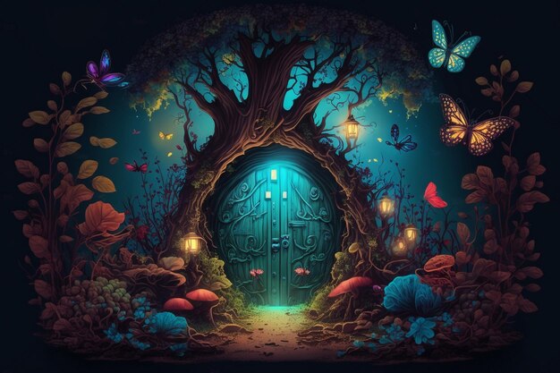 Een schilderij van een deur met een boom en vlinders