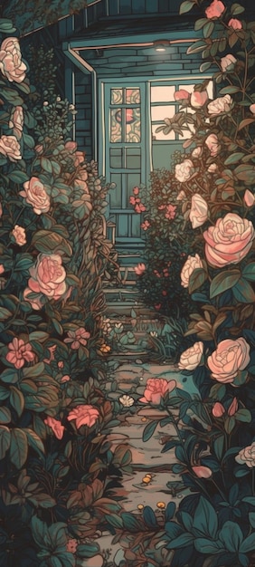 Een schilderij van een deur met rozen erop