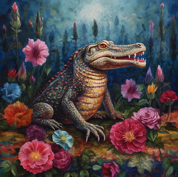 een schilderij van een dinosaurus met bloemen en een draak.