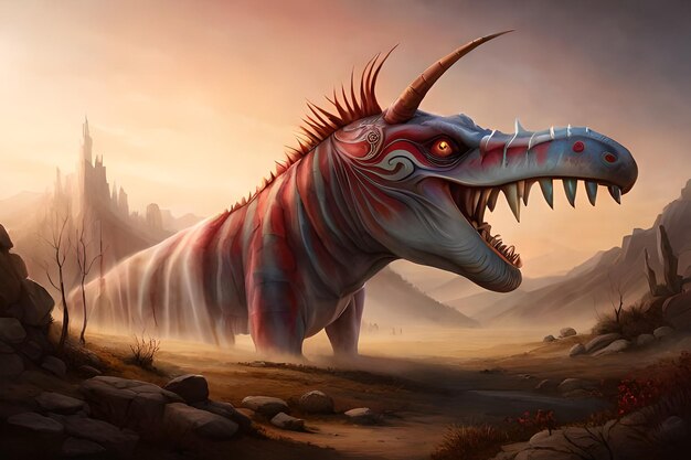 Een schilderij van een dinosaurus met een berg op de achtergrond