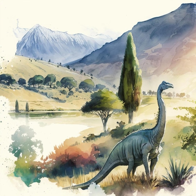 Een schilderij van een dinosaurus met een berg op de achtergrond.