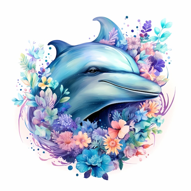 een schilderij van een dolfijn met bloemen en een dolfijn op de achtergrond