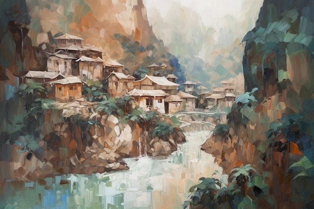 Een schilderij van een dorp aan de rivier