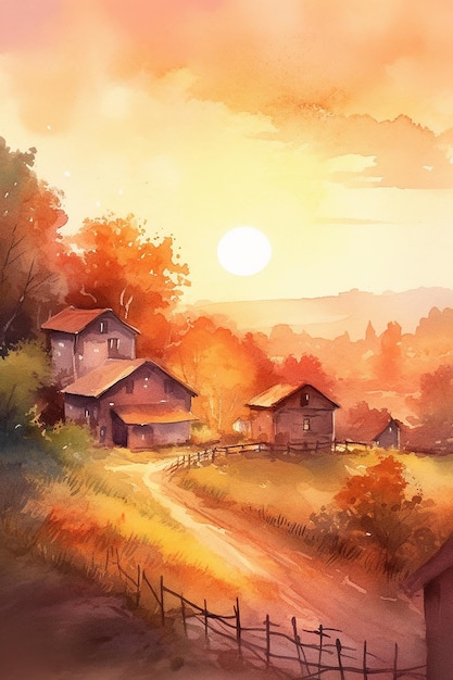 Een schilderij van een dorp in de zonsondergang