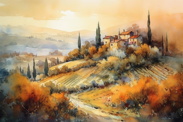 Een schilderij van een dorp in Toscane
