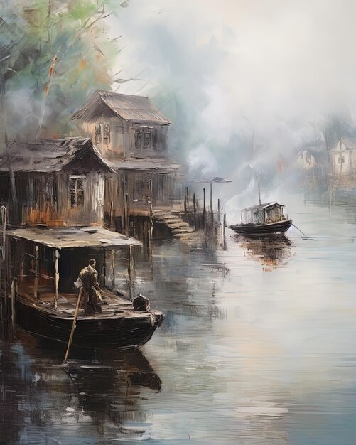 een schilderij van een dorp met een boot en een man in een boot in het water
