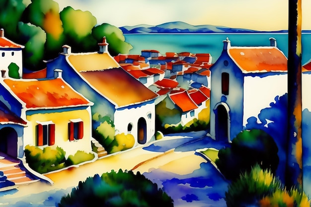 Een schilderij van een dorp met op de achtergrond een kleine stad