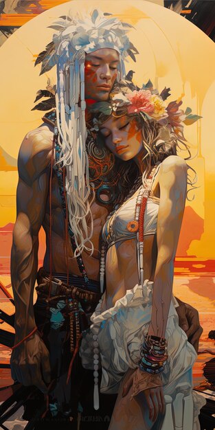 een schilderij van een echtpaar op een strand met een schillerij van een man en een vrouw
