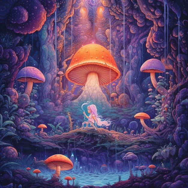 Een schilderij van een eenhoorn met een paddenstoel erop