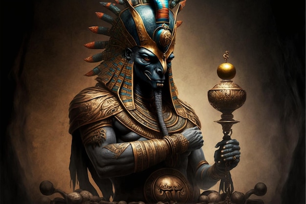 Een schilderij van een Egyptische god met een kroon op zijn hoofd