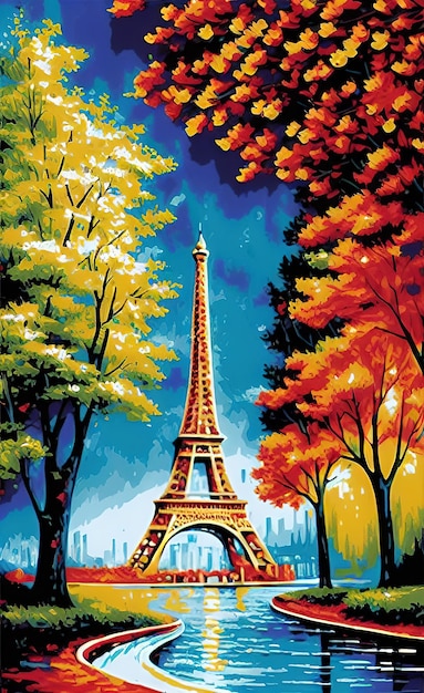 Een schilderij van een Eiffeltoren in een park met bomen en de lucht op de achtergrond.