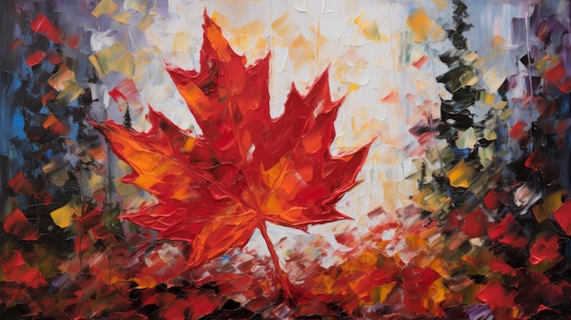 Een schilderij van een esdoornblad met het woord Canada erop