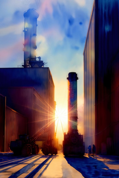 Een schilderij van een fabriek met de ondergaande zon op de achtergrond