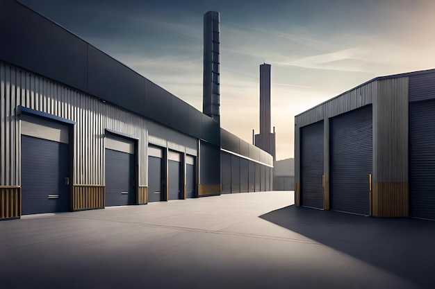 Foto een schilderij van een fabriek met een fabrieksgebouw op de achtergrond.