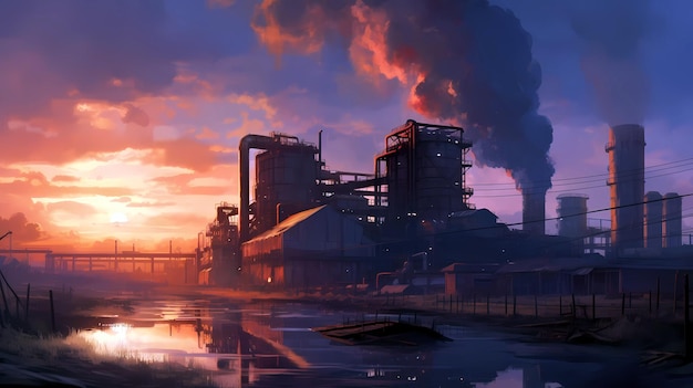 Een schilderij van een fabriek met rook die eruit komt