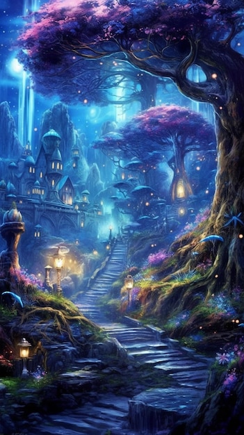 Een schilderij van een fantasielandschap met een kasteel en een lantaarn.