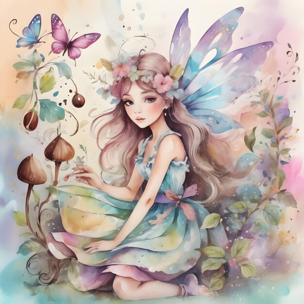 een schilderij van een fee met vlinders en een vlinder