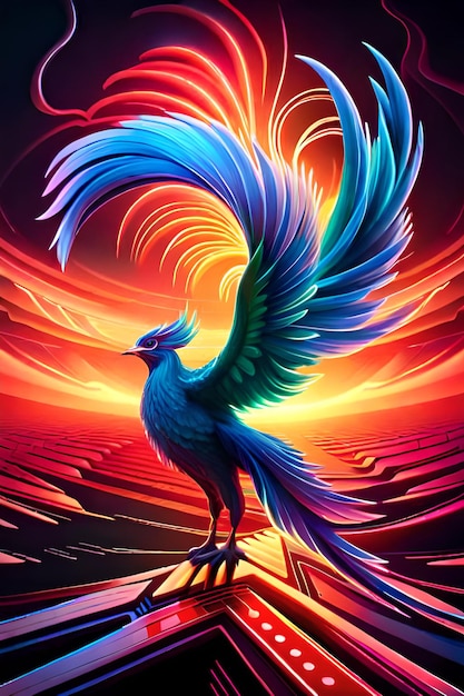 Een schilderij van een feniksvogel met een rode achtergrond.