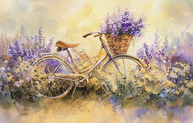 een schilderij van een fiets met een mand vol bloemen