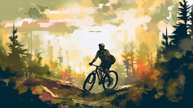 Een schilderij van een fietser in het bos.