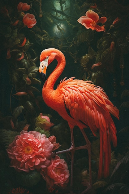 Een schilderij van een flamingo met bloemen op de achtergrond