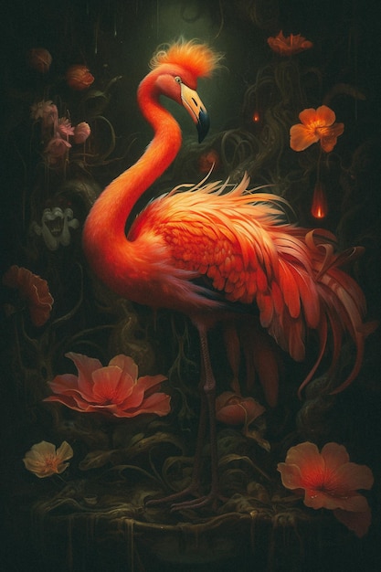 Een schilderij van een flamingo met bloemen op de achtergrond