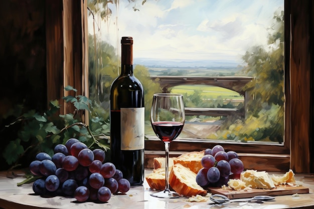 Een schilderij van een fles wijn en druiven op een tafel ai