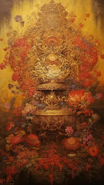 Een schilderij van een fontein met een gouden bloemmotief.