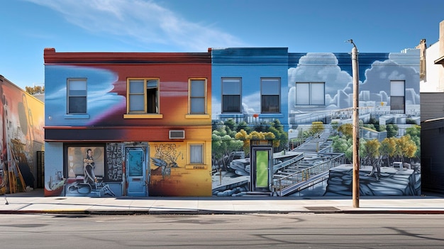 een schilderij van een gebouw met een schilderjapon van een huis met een blauwe hemel op de achtergrond