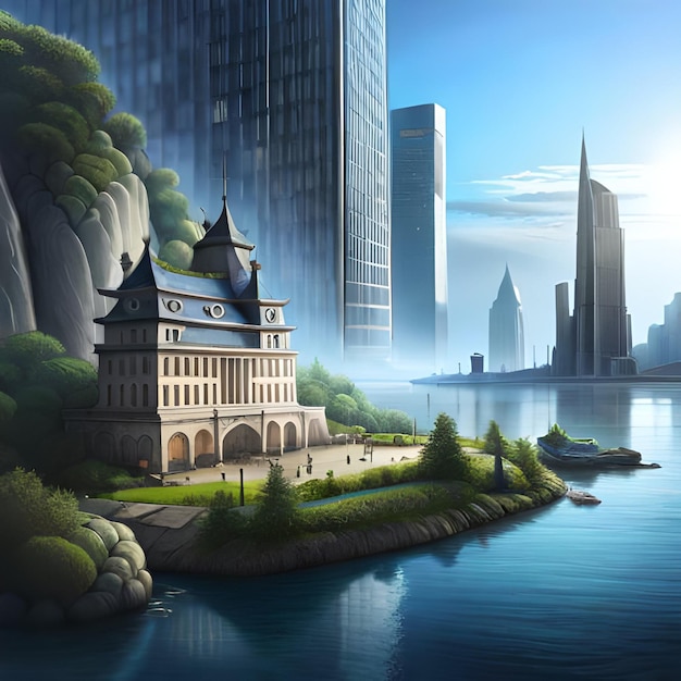 Een schilderij van een gebouw op een klein eiland met een stad op de achtergrond.