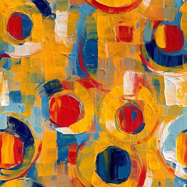 een schilderij van een geel en blauw abstract schilderij met cirkels generatieve ai