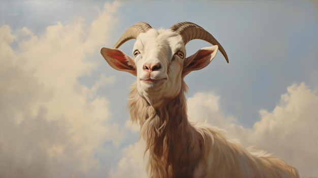 Een schilderij van een geit met de naam ram erop