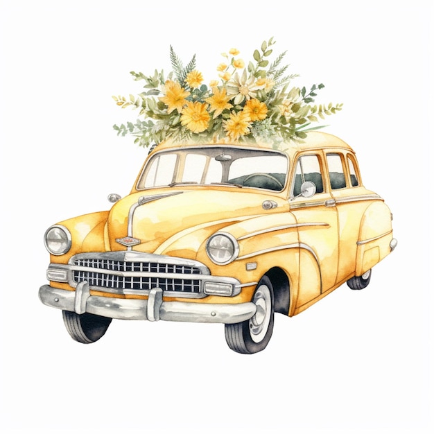 Een schilderij van een gele auto met bloemen erop