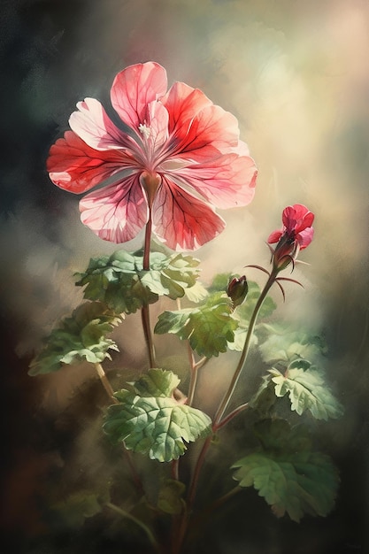 Een schilderij van een geranium met een roze bloem erop.